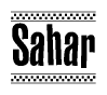 The image is a black and white clipart of the text Sahar in a bold, italicized font. The text is bordered by a dotted line on the top and bottom, and there are checkered flags positioned at both ends of the text, usually associated with racing or finishing lines.