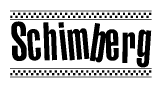 The image contains the text Schimberg in a bold, stylized font, with a checkered flag pattern bordering the top and bottom of the text.