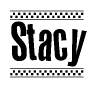 The clipart image displays the text Stacy in a bold, stylized font. It is enclosed in a rectangular border with a checkerboard pattern running below and above the text, similar to a finish line in racing. 