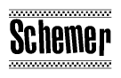 The image is a black and white clipart of the text Schemer in a bold, italicized font. The text is bordered by a dotted line on the top and bottom, and there are checkered flags positioned at both ends of the text, usually associated with racing or finishing lines.