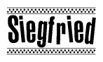 The image contains the text Siegfried in a bold, stylized font, with a checkered flag pattern bordering the top and bottom of the text.