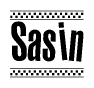 The clipart image displays the text Sasin in a bold, stylized font. It is enclosed in a rectangular border with a checkerboard pattern running below and above the text, similar to a finish line in racing. 