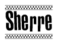 The image contains the text Sherre in a bold, stylized font, with a checkered flag pattern bordering the top and bottom of the text.