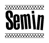 The image contains the text Semin in a bold, stylized font, with a checkered flag pattern bordering the top and bottom of the text.