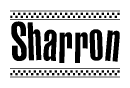 The clipart image displays the text Sharron in a bold, stylized font. It is enclosed in a rectangular border with a checkerboard pattern running below and above the text, similar to a finish line in racing. 