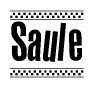 The image contains the text Saule in a bold, stylized font, with a checkered flag pattern bordering the top and bottom of the text.