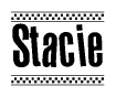 The clipart image displays the text Stacie in a bold, stylized font. It is enclosed in a rectangular border with a checkerboard pattern running below and above the text, similar to a finish line in racing. 