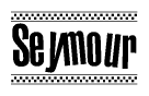 The image contains the text Seymour in a bold, stylized font, with a checkered flag pattern bordering the top and bottom of the text.