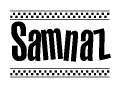The image contains the text Samnaz in a bold, stylized font, with a checkered flag pattern bordering the top and bottom of the text.