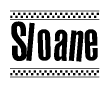 The image contains the text Sloane in a bold, stylized font, with a checkered flag pattern bordering the top and bottom of the text.