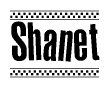 The image is a black and white clipart of the text Shanet in a bold, italicized font. The text is bordered by a dotted line on the top and bottom, and there are checkered flags positioned at both ends of the text, usually associated with racing or finishing lines.