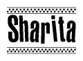 The image is a black and white clipart of the text Sharita in a bold, italicized font. The text is bordered by a dotted line on the top and bottom, and there are checkered flags positioned at both ends of the text, usually associated with racing or finishing lines.