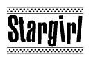 The clipart image displays the text Stargirl in a bold, stylized font. It is enclosed in a rectangular border with a checkerboard pattern running below and above the text, similar to a finish line in racing. 