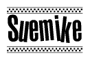 The clipart image displays the text Suemike in a bold, stylized font. It is enclosed in a rectangular border with a checkerboard pattern running below and above the text, similar to a finish line in racing. 