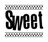 The image contains the text Sweet in a bold, stylized font, with a checkered flag pattern bordering the top and bottom of the text.