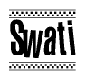 The image is a black and white clipart of the text Swati in a bold, italicized font. The text is bordered by a dotted line on the top and bottom, and there are checkered flags positioned at both ends of the text, usually associated with racing or finishing lines.