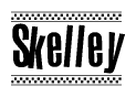 The image is a black and white clipart of the text Skelley in a bold, italicized font. The text is bordered by a dotted line on the top and bottom, and there are checkered flags positioned at both ends of the text, usually associated with racing or finishing lines.