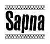 The image contains the text Sapna in a bold, stylized font, with a checkered flag pattern bordering the top and bottom of the text.