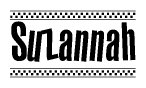 The image is a black and white clipart of the text Suzannah in a bold, italicized font. The text is bordered by a dotted line on the top and bottom, and there are checkered flags positioned at both ends of the text, usually associated with racing or finishing lines.