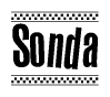 The image is a black and white clipart of the text Sonda in a bold, italicized font. The text is bordered by a dotted line on the top and bottom, and there are checkered flags positioned at both ends of the text, usually associated with racing or finishing lines.