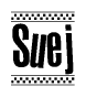 The image is a black and white clipart of the text Suej in a bold, italicized font. The text is bordered by a dotted line on the top and bottom, and there are checkered flags positioned at both ends of the text, usually associated with racing or finishing lines.
