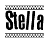 The image is a black and white clipart of the text Stella in a bold, italicized font. The text is bordered by a dotted line on the top and bottom, and there are checkered flags positioned at both ends of the text, usually associated with racing or finishing lines.