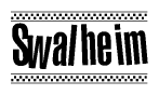 The image is a black and white clipart of the text Swalheim in a bold, italicized font. The text is bordered by a dotted line on the top and bottom, and there are checkered flags positioned at both ends of the text, usually associated with racing or finishing lines.