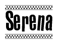 The image contains the text Serena in a bold, stylized font, with a checkered flag pattern bordering the top and bottom of the text.