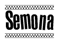 The image contains the text Semona in a bold, stylized font, with a checkered flag pattern bordering the top and bottom of the text.