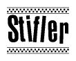 The image is a black and white clipart of the text Stifler in a bold, italicized font. The text is bordered by a dotted line on the top and bottom, and there are checkered flags positioned at both ends of the text, usually associated with racing or finishing lines.