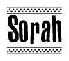 The image contains the text Sorah in a bold, stylized font, with a checkered flag pattern bordering the top and bottom of the text.
