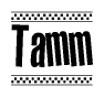 The image contains the text Tamm in a bold, stylized font, with a checkered flag pattern bordering the top and bottom of the text.