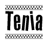 The image contains the text Tenia in a bold, stylized font, with a checkered flag pattern bordering the top and bottom of the text.