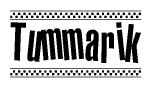 The image is a black and white clipart of the text Tummarik in a bold, italicized font. The text is bordered by a dotted line on the top and bottom, and there are checkered flags positioned at both ends of the text, usually associated with racing or finishing lines.