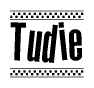The clipart image displays the text Tudie in a bold, stylized font. It is enclosed in a rectangular border with a checkerboard pattern running below and above the text, similar to a finish line in racing. 