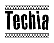 The clipart image displays the text Techia in a bold, stylized font. It is enclosed in a rectangular border with a checkerboard pattern running below and above the text, similar to a finish line in racing. 