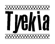 The image is a black and white clipart of the text Tyekia in a bold, italicized font. The text is bordered by a dotted line on the top and bottom, and there are checkered flags positioned at both ends of the text, usually associated with racing or finishing lines.