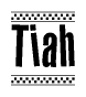 The image contains the text Tiah in a bold, stylized font, with a checkered flag pattern bordering the top and bottom of the text.