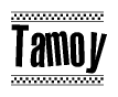 The image is a black and white clipart of the text Tamoy in a bold, italicized font. The text is bordered by a dotted line on the top and bottom, and there are checkered flags positioned at both ends of the text, usually associated with racing or finishing lines.