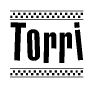 The clipart image displays the text Torri in a bold, stylized font. It is enclosed in a rectangular border with a checkerboard pattern running below and above the text, similar to a finish line in racing. 