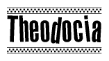 The clipart image displays the text Theodocia in a bold, stylized font. It is enclosed in a rectangular border with a checkerboard pattern running below and above the text, similar to a finish line in racing. 