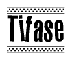 The image is a black and white clipart of the text Tifase in a bold, italicized font. The text is bordered by a dotted line on the top and bottom, and there are checkered flags positioned at both ends of the text, usually associated with racing or finishing lines.