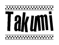 The image contains the text Takumi in a bold, stylized font, with a checkered flag pattern bordering the top and bottom of the text.