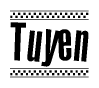 The image is a black and white clipart of the text Tuyen in a bold, italicized font. The text is bordered by a dotted line on the top and bottom, and there are checkered flags positioned at both ends of the text, usually associated with racing or finishing lines.