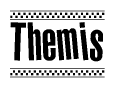 The image contains the text Themis in a bold, stylized font, with a checkered flag pattern bordering the top and bottom of the text.