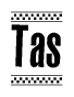 The image is a black and white clipart of the text Tas in a bold, italicized font. The text is bordered by a dotted line on the top and bottom, and there are checkered flags positioned at both ends of the text, usually associated with racing or finishing lines.