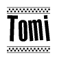   The image is a black and white clipart of the text Tomi in a bold, italicized font. The text is bordered by a dotted line on the top and bottom, and there are checkered flags positioned at both ends of the text, usually associated with racing or finishing lines. 