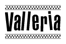 The image contains the text Valleria in a bold, stylized font, with a checkered flag pattern bordering the top and bottom of the text.