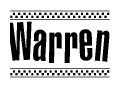 The image contains the text Warren in a bold, stylized font, with a checkered flag pattern bordering the top and bottom of the text.