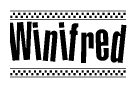 The clipart image displays the text Winifred in a bold, stylized font. It is enclosed in a rectangular border with a checkerboard pattern running below and above the text, similar to a finish line in racing. 